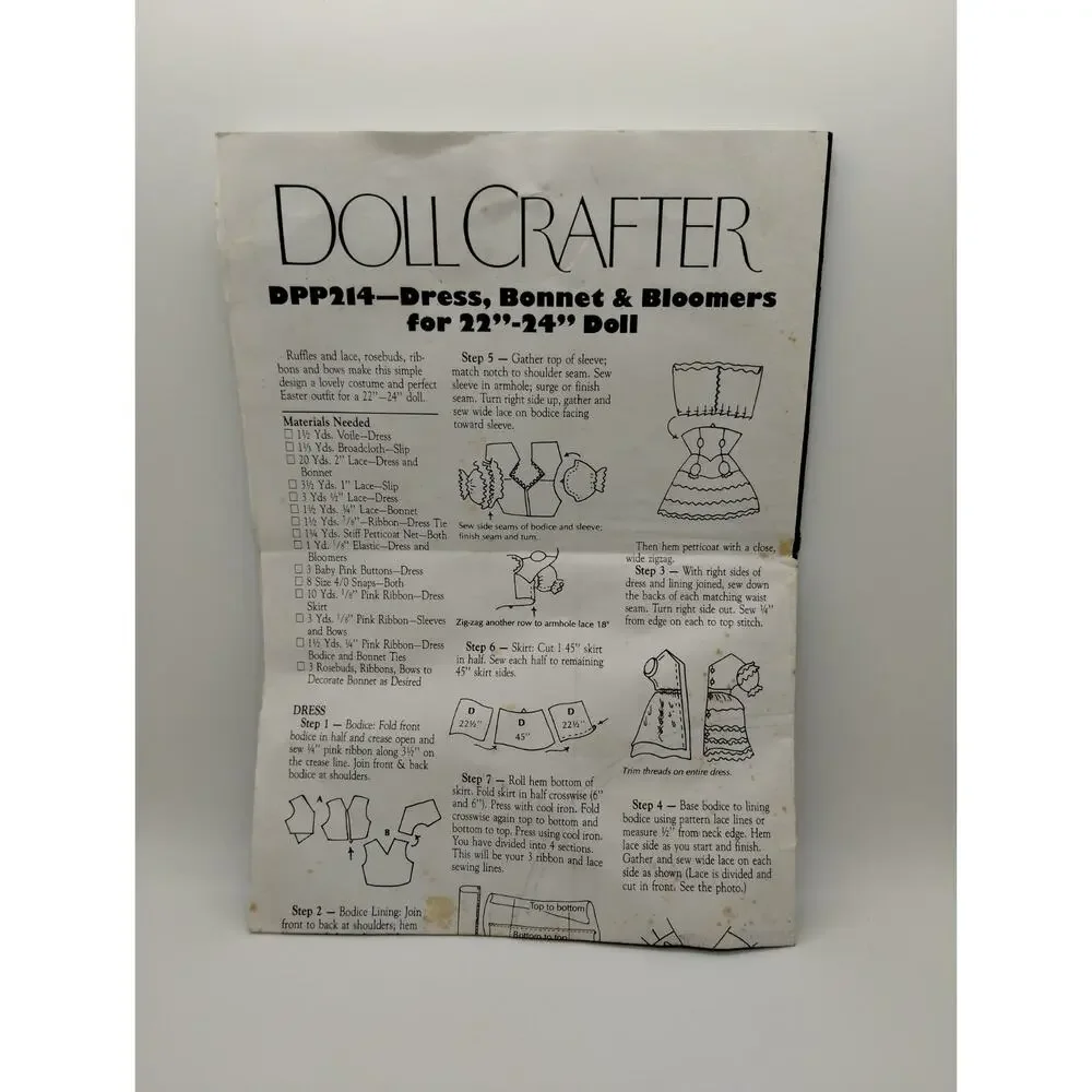 POISSOT Doll Pattern DPP214 - Dress Bonnet Bloomers for 22